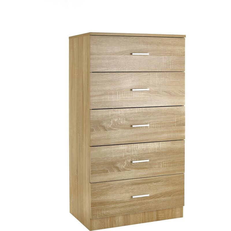 foto del prodotto cassettiera 5 cassetti in nobilitato, mobiletto da camera da letto o soggiorno, mobile moderno rovere 60x40x110 cm baroni home