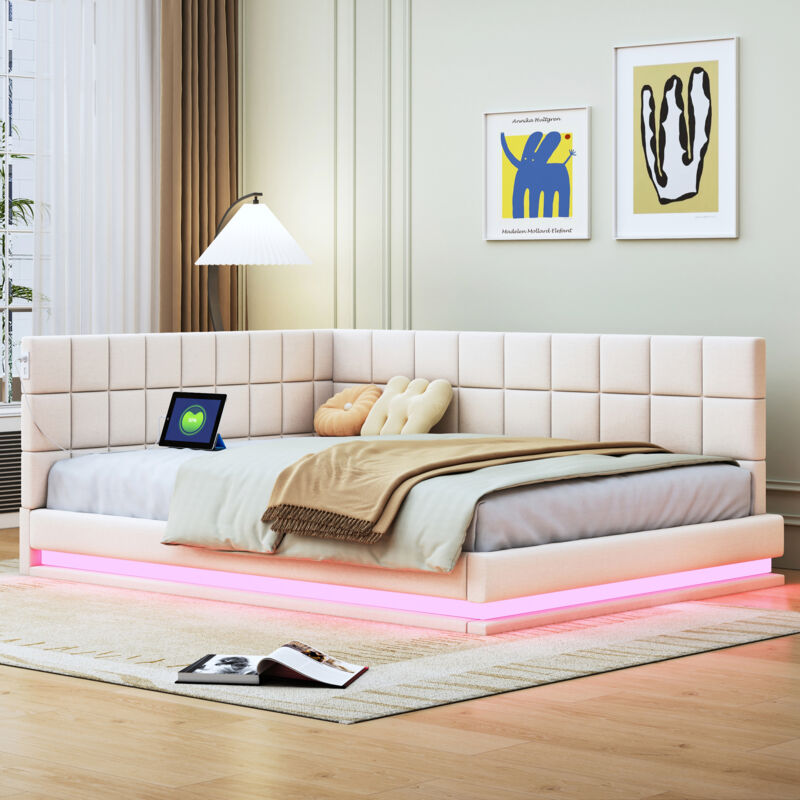 foto del prodotto letti matrimoniali per adulti bambini 140x200 cm divani letti, led, usb, velluto, senza materasso, beige