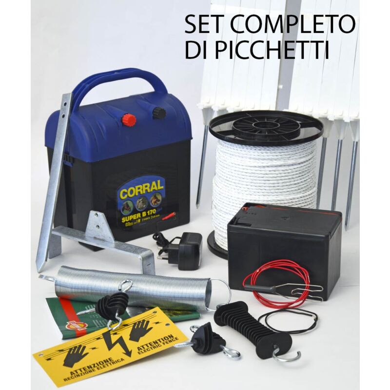 immagine 0 del prodotto set recinzione elettrica completa di elettrificatore, corda, barriera con molla per cancello, targa e 20 picchetti set recinto con batteria