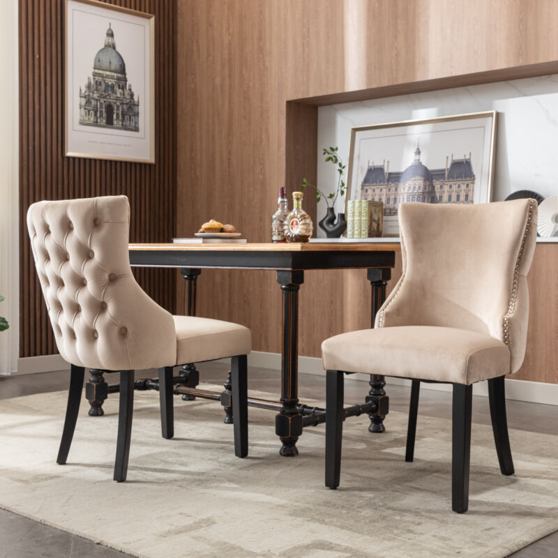 foto del prodotto sedie da pranzo, struttura in legno, sedie da soggiorno cucina, sala da pranzo, velluto, beige, 2 pezzi