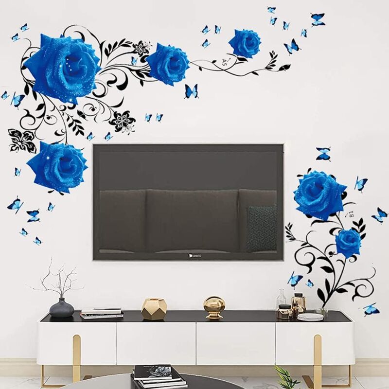 foto del prodotto adesivo da parete, decalcomanie da parete con rose blu, decorazione da parete con fiori di peonia blu, arte da parete in vinile per la decorazione da