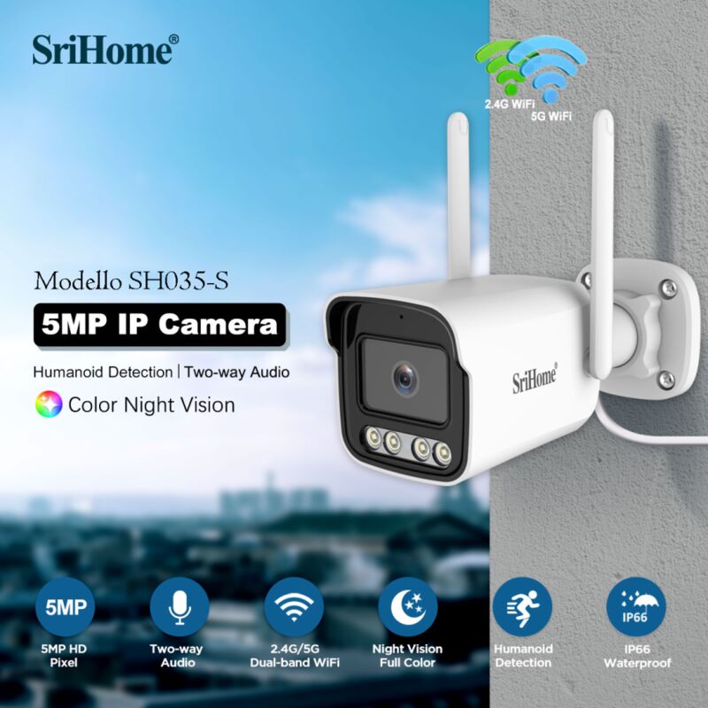 immagine 0 del prodotto telecamera wifi srihome sh035 s con infrarossi luminosi per sorveglianza hd a 5.0 mp con audio e supporto microsd 