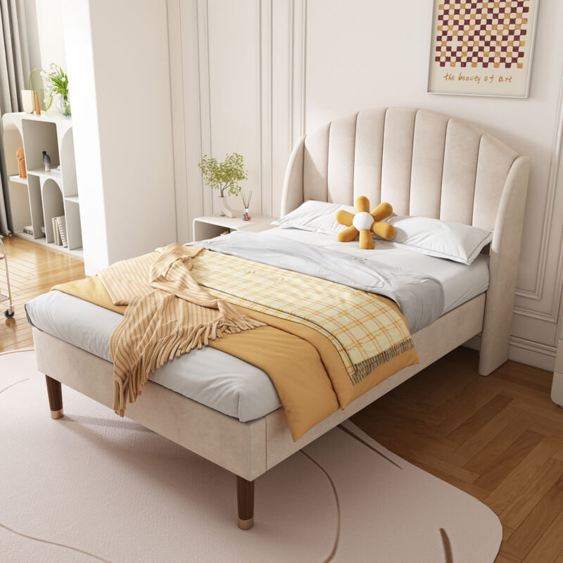 foto del prodotto letti per adulti 90x200cm letti per bambini, rete a doghe, gambe in legno, velluto, senza materasso, beige, letti singoli