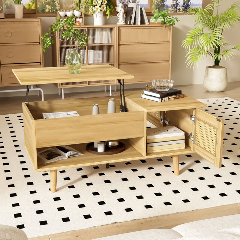 foto del prodotto tavolini bassi alzabili 103x50x60cm tavolino salotto con 2 ante per soggiorno balcone, pannello truciolare, naturale