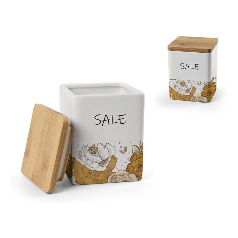 foto del prodotto barattolo quadrato per sale in ceramica con tappo in legno 10x13 cm rose