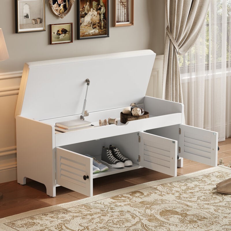 foto del prodotto panche per ingresso 110x40x50cm scarpiera, panca portascarpe, con 3 ante, adatta per soggiorno ingresso camera da letto, mdf, bianco