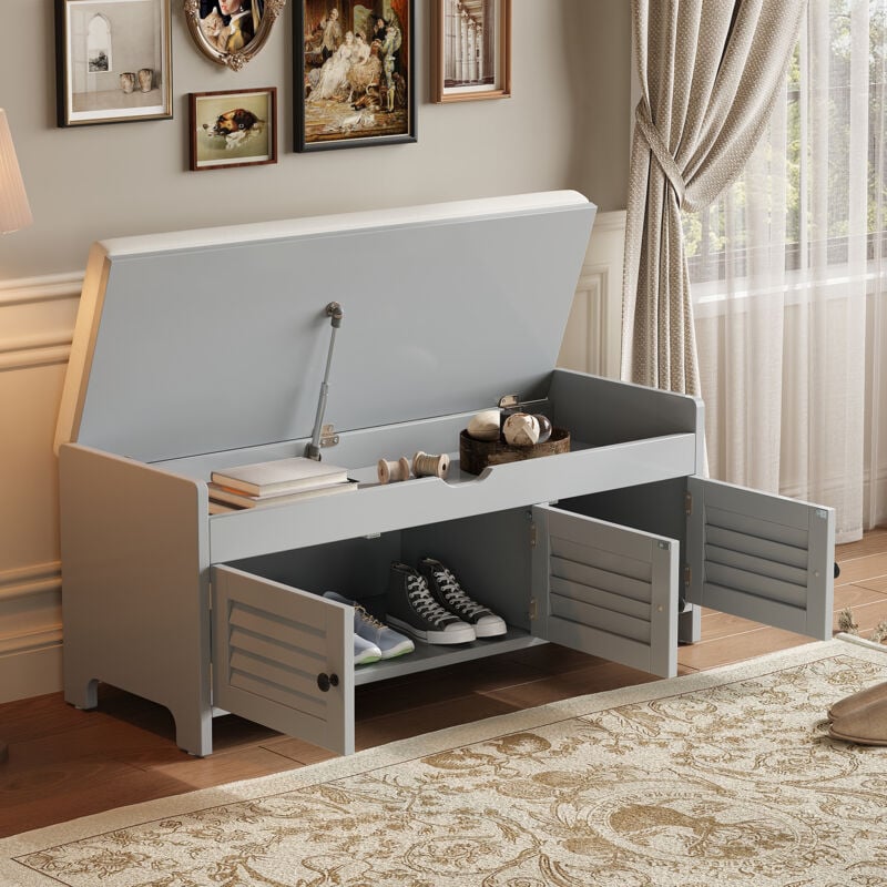 foto del prodotto panche per ingresso 110x40x50cm scarpiera, panca portascarpe, con 3 ante, adatta per soggiorno ingresso camera da letto, mdf, grigio