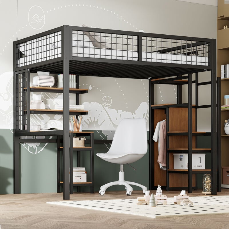foto del prodotto letti a soppalco 140x200 letti matrimoniale per adulti bambini con armadio, scrivania, ripiano, metallo, senza materasso, nero