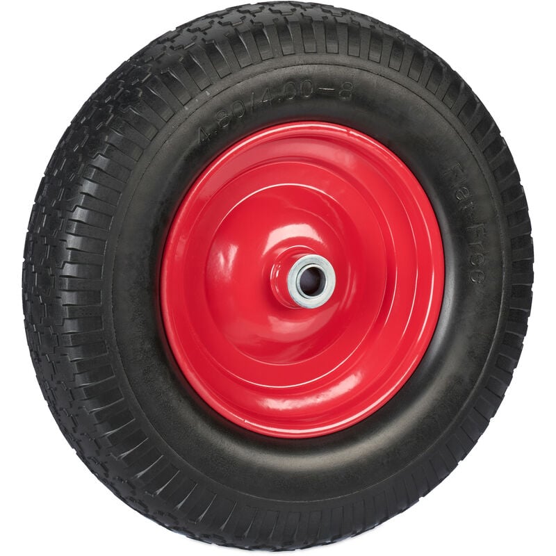 foto del prodotto ruota per carriola 4.00 8, gomma piena antipanne, ruotino scorta portapacchi, antiforatura, 100 kg, nero rosso relaxdays