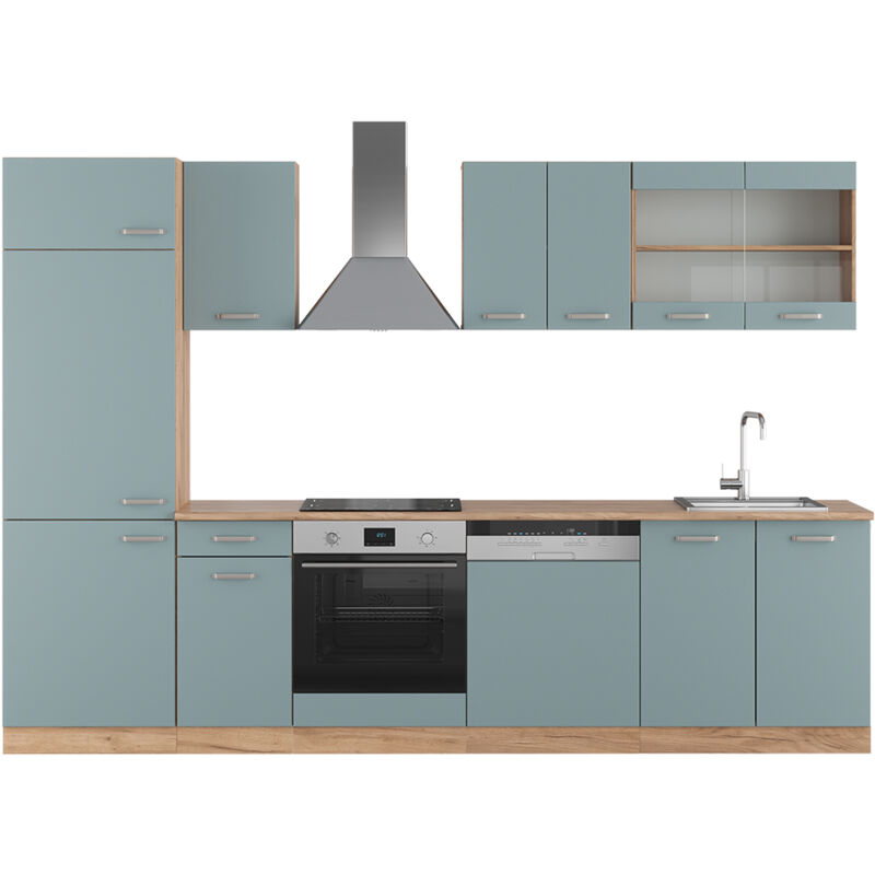foto del prodotto cucina componibile r line, rovere blu grigio oro, 300 cm senza piano di lavoro, vicco