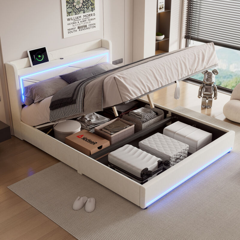 foto del prodotto letti contenitori 160x200 adulto bambino, letti matrimoniale, testiera con led e usb, senza materasso, beige