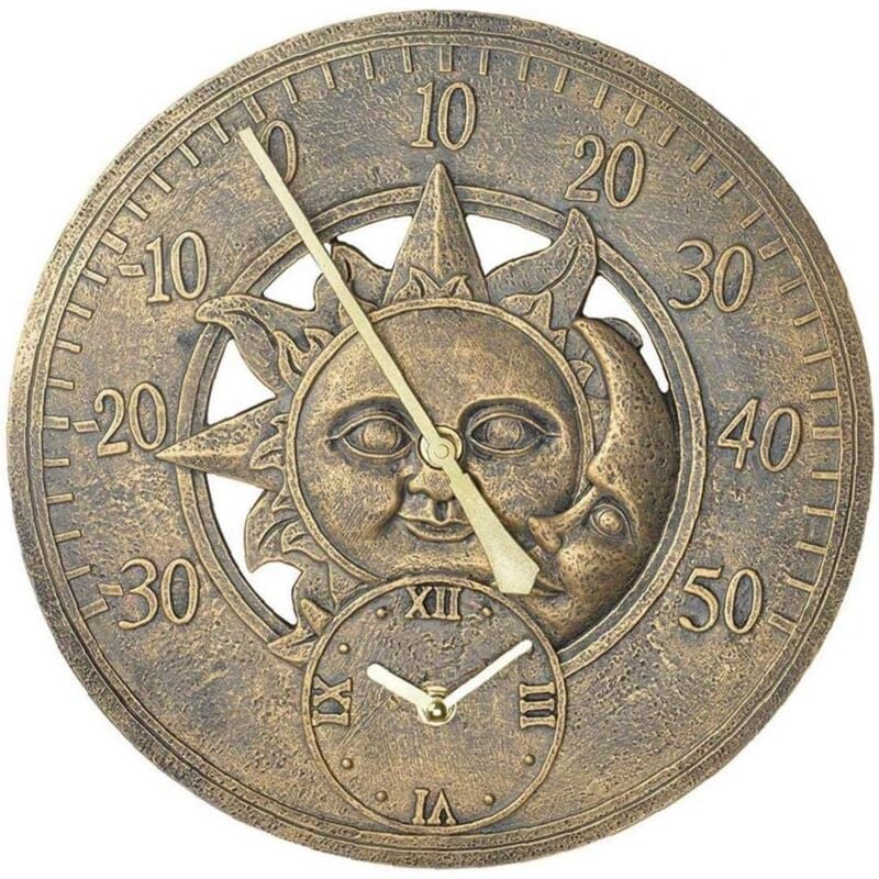 foto del prodotto orologio da parete vintage con termometro da giardino, decorazione da stazione, orologio da appendere retr , motivo sole e luna, impermeabile,