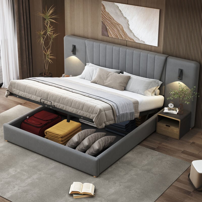 foto del prodotto letti contenitori 180x200cm letti matrimoniale, letti per adulti, testiera allungata con luce di lettura, usb, velluto, senza materasso, grigio