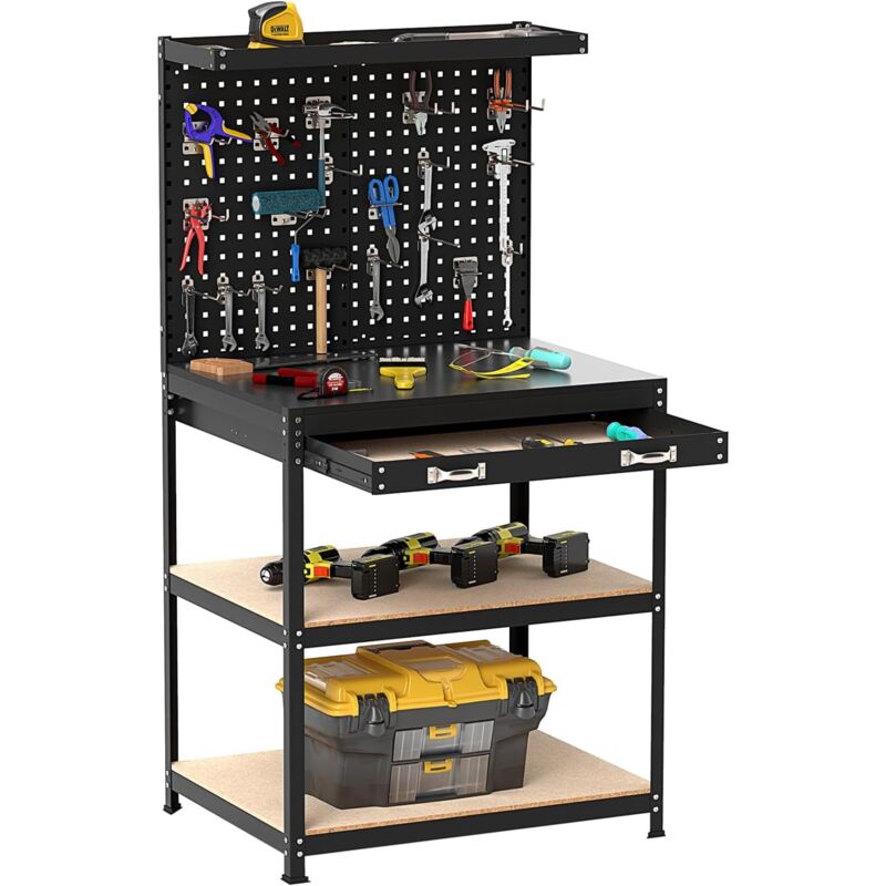 foto del prodotto costway banco da lavoro con piano da 80 x 40 cm, banco da lavoro officina con pannello forato e 20 ganci porta attrezzi, tavolo da lavoro per
