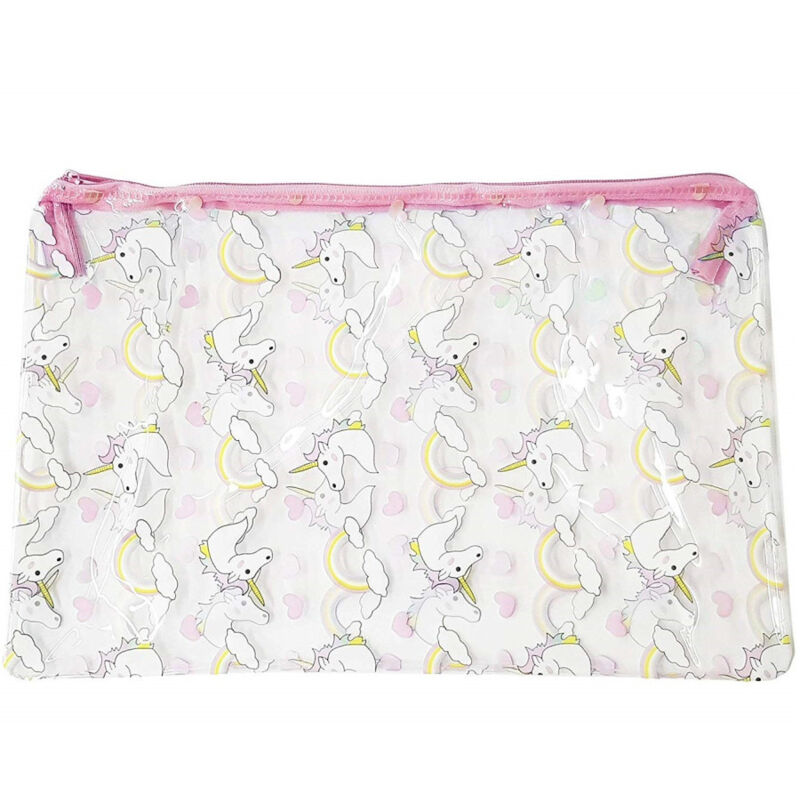 foto del prodotto trade shop traesio pochette trasparente rosa fantasia unicorno trucco plastica beauty case donna 