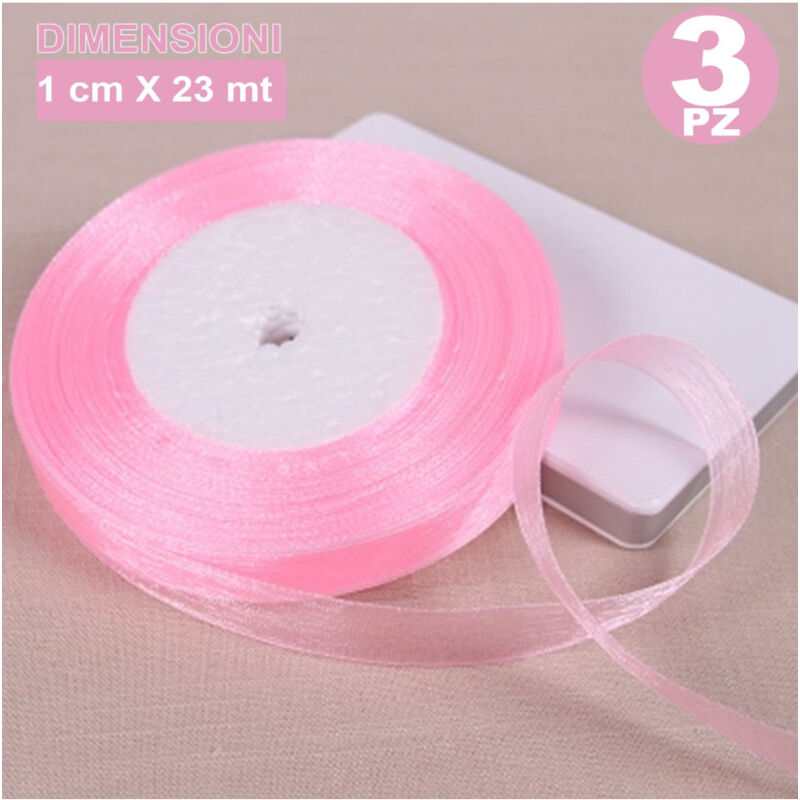 foto del prodotto trade shop traesio 3 rotoli nastro rosa bomboniera organza bobina decorazioni addobbi decoupage 