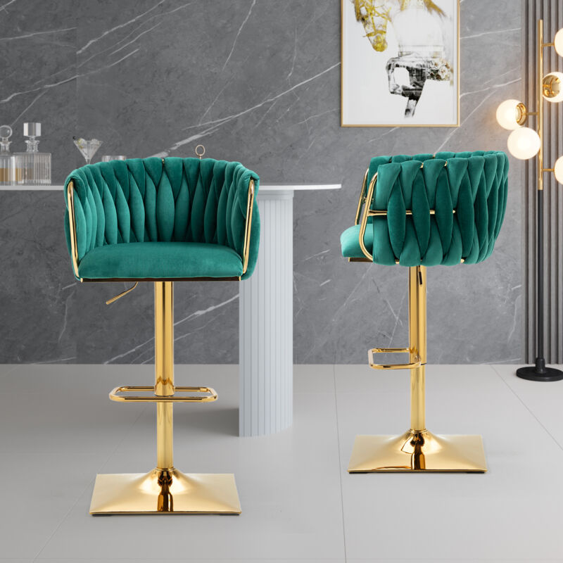 foto del prodotto sgabello da bar vintage, sedia da pranzo alta con schienale e poggiapiedi, verde smeraldo okwish