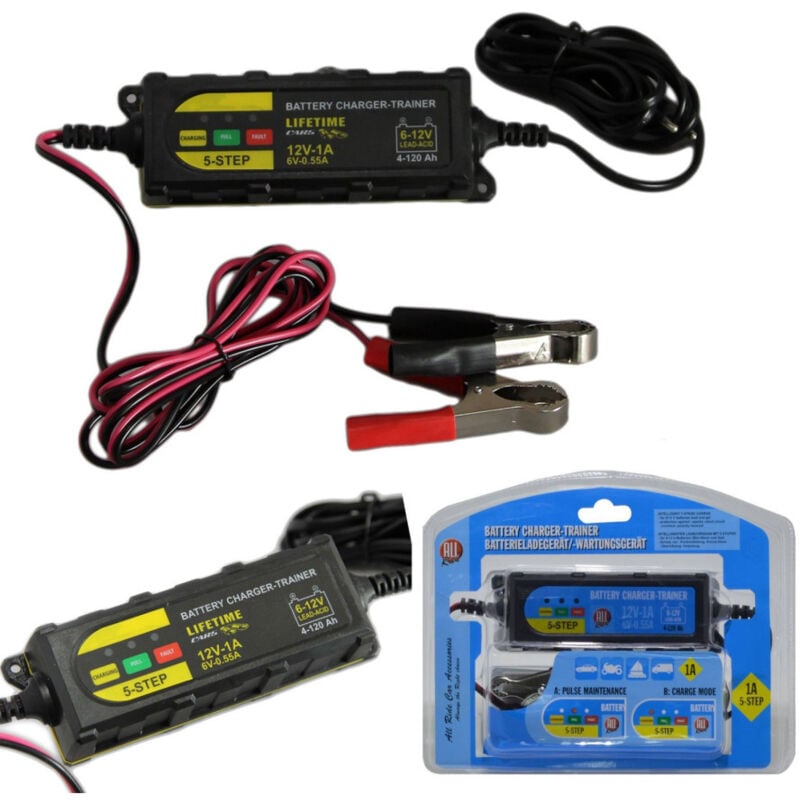 foto del prodotto trade shop traesio mantenitore di carica pinze per batteria auto moto 5 fasi emergenza 1a 12v 