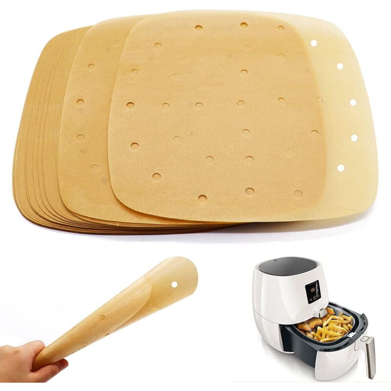 foto del prodotto 200 pezzi 8,5 pollici air fryer carta da forno fodere, quadrato perforato carta da forno per friggitrice ad aria, cestello per cottura a vapore,