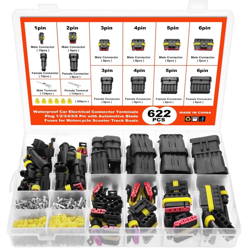 foto del prodotto 622 pezzi connettori elettrici impermeabili, connettori elettrici impermeabili per auto, moto, scooter, camion, connettori marini impermeabili.