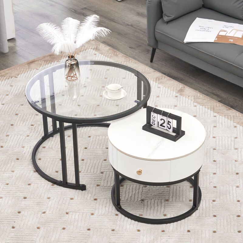 foto del prodotto tavolini bassi a incastro 70x70x45.5cm 50x50x41cm , tavolino salotto, forma rotonda, 1 cassetto, legno vetro, bianco nero