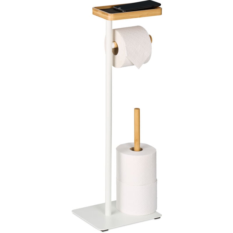foto del prodotto relaxdays piantana porta rotolo da bagno, 65x23x18 cm, portarotolo carta igienica scorta, ferro e bamb , naturale bianco