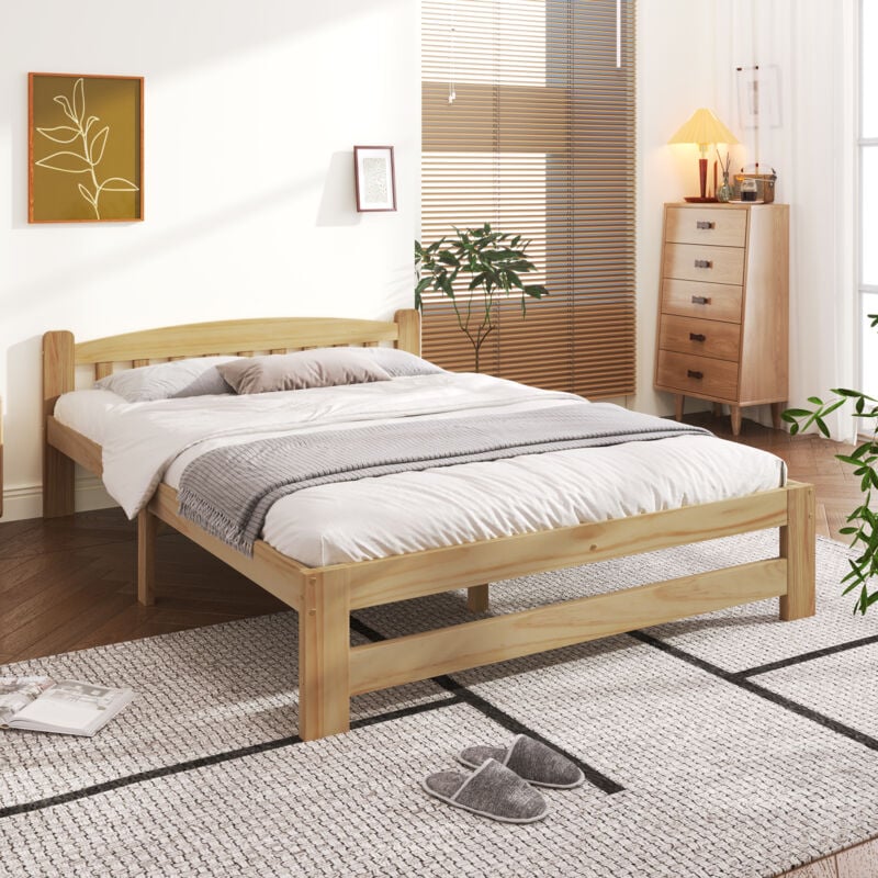 foto del prodotto letti matrimoniale per adulti bambini 140x200cm, rete a doghe, legno, senza materasso, naturale