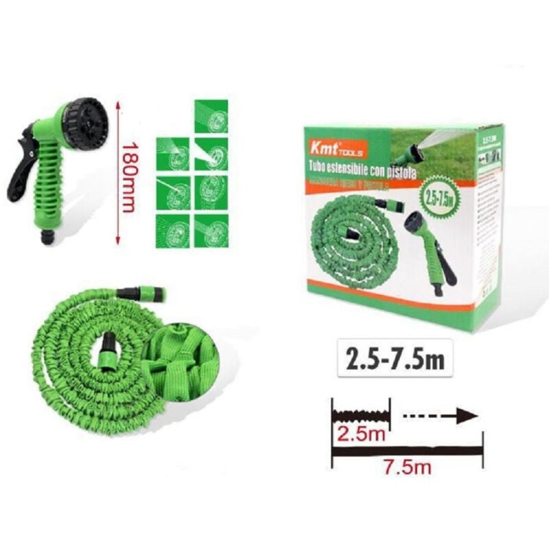 foto del prodotto trade shop traesio tubo estensibile giardino con pistola 2.5 7.5 mt per irrigazione piante 9369408 