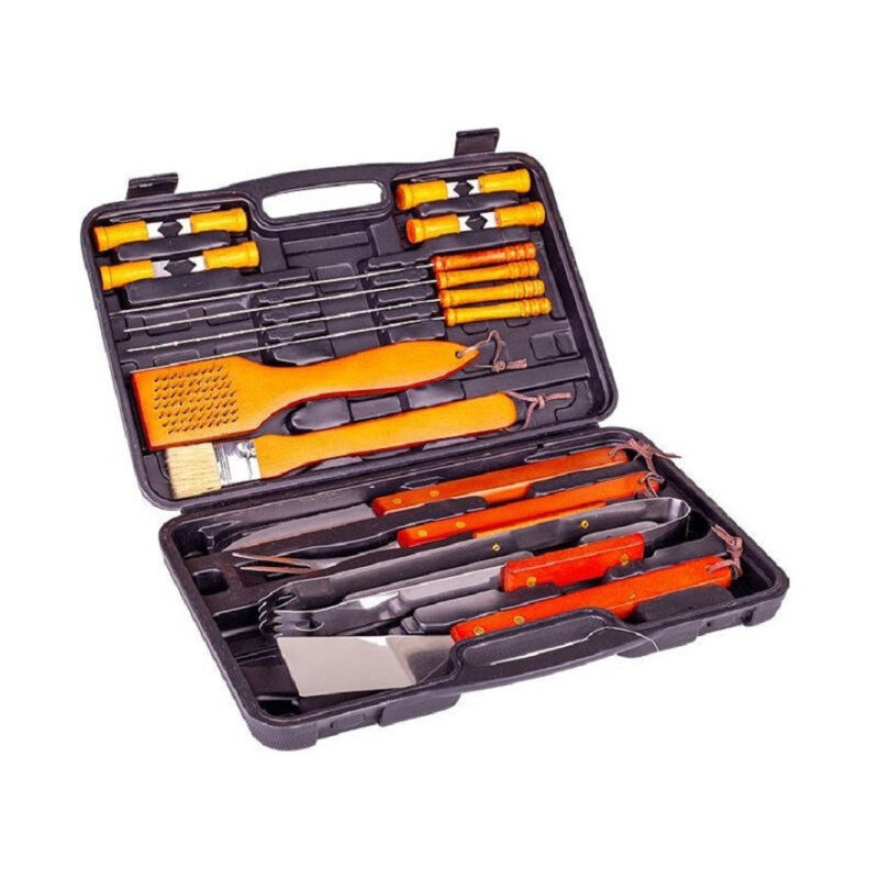 foto del prodotto set barbecue 18 pezzi con valigetta bbq grill acciaio inox manico legno 6498010 trade shop traesio