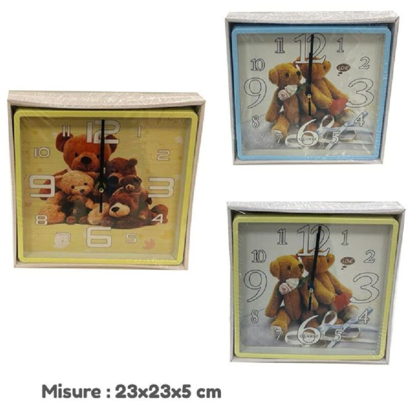 foto del prodotto trade shop traesio orologio parete per bambini quarzo muro quadrato orsetti casa arredamento 23x5cm 