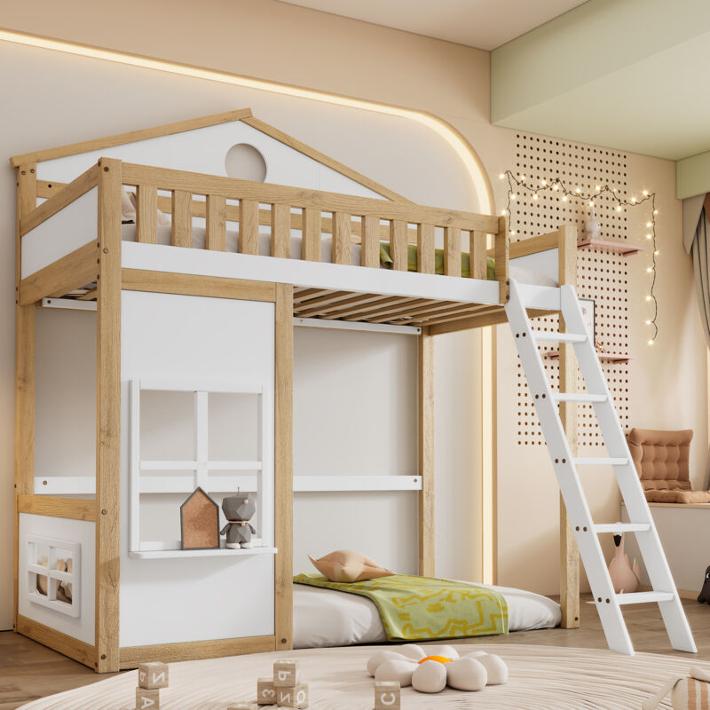 foto del prodotto letti a soppalco 90x200cm letti singoli per bambini con finestra e ripiano, pino mdf, senza materasso, bianco naturale