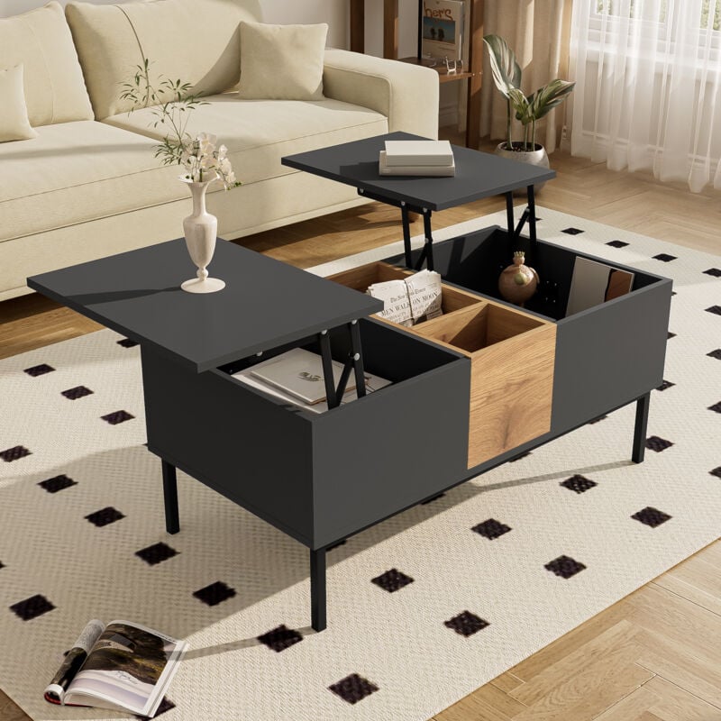foto del prodotto tavolini bassi alzabili 100x50x60cm tavolino salotto, vani portaoggetti aperti, pannello truciolare, nero naturale