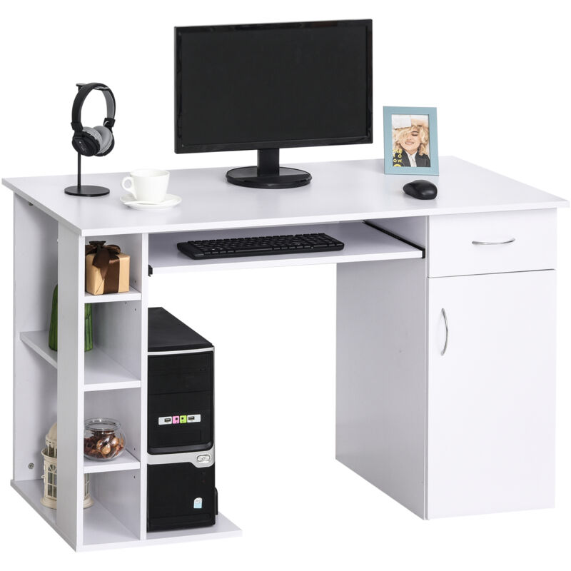 foto del prodotto easy comfort easycomfort scrivania per pc ergonomica con mensole, armadietto, cassetto e piano tastiera estraibile, bianca, 120x60x74cm