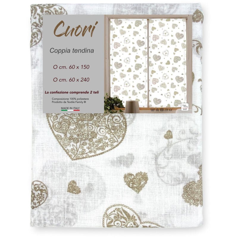 foto del prodotto tex family coppia tendina a vetro cuore beige larga cm. 60 da finestra e da porta coppia 2 teli cm. 60x240