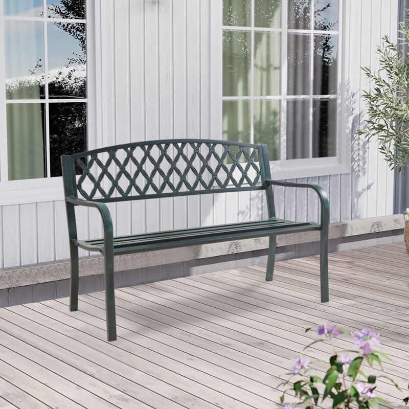 foto del prodotto panca da giardino opsasar in acciaio con schienale a motivo intrecciato 127x54x88 cm grigio scuro con patina verde casa.pro