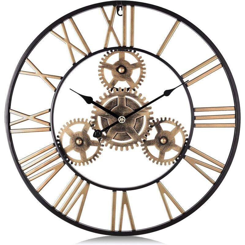 foto del prodotto kzq orologio da parete gigante con ingranaggi dorati orologio da parete al quarzo in metallo industriale da 50 cm con numeri romani silenzioso per