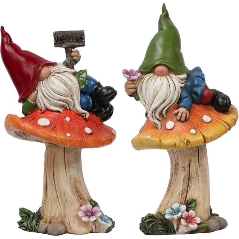 foto del prodotto tonchean set di 2 gnomi da giardino divertenti da 17 cm, nani sdraiati sui funghi, statuette di gnomi da giardino in resina con cartello di