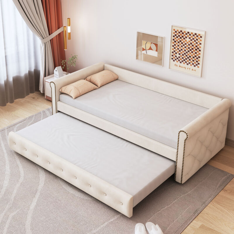 foto del prodotto letti con letti estraibili 90x200cm, letto per bambini adulti, divano letto, telaio a doghe, velluto, senza materasso, beige.