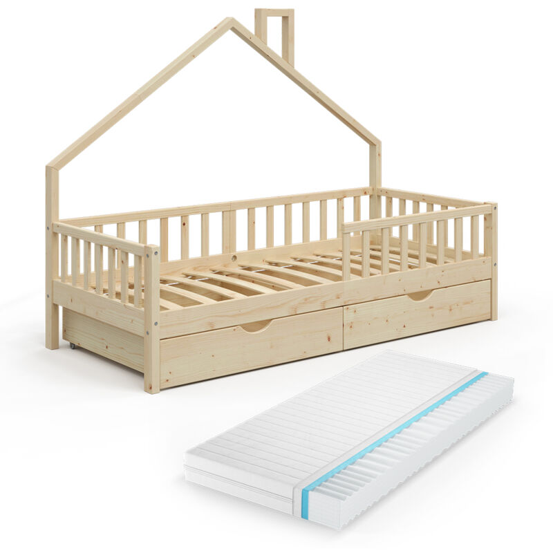 foto del prodotto letto montessori bambini noemi, legno naturale, 90x200 cm con 2 cassetti e materasso vitalispa