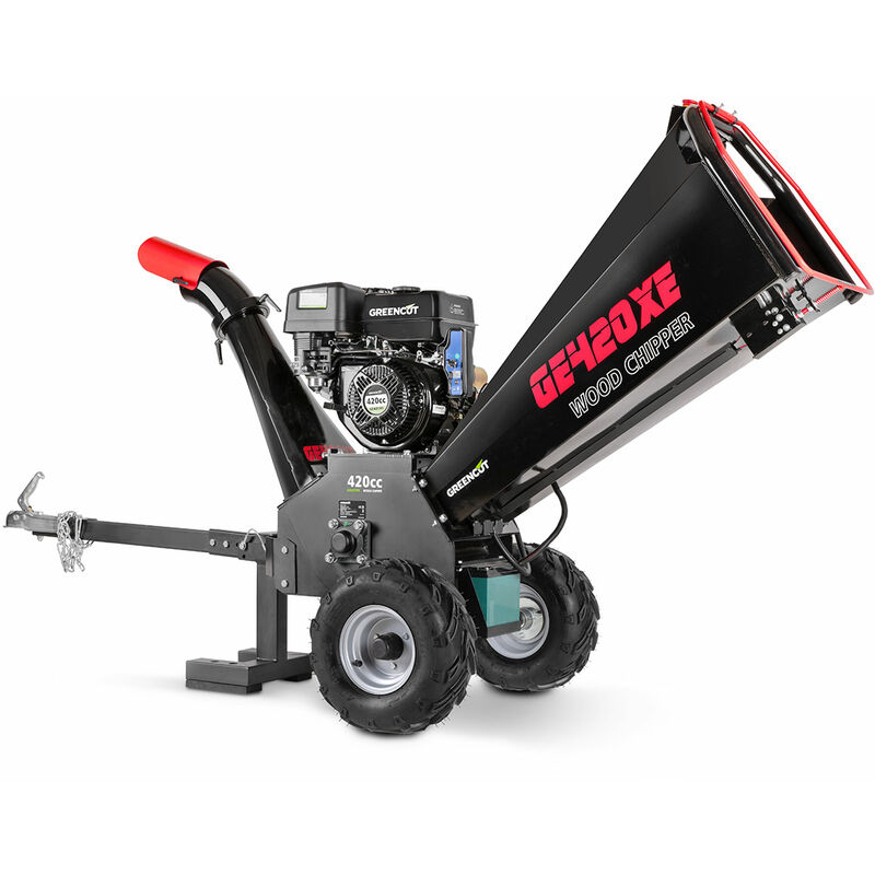 foto del prodotto biotrituratore a benzina 420cc 9kw, avviamento elettrico, diametro di taglio 120mm, grande tramoggia, ruote e gancio di trasporto greencut ge420xe