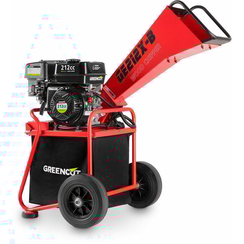 foto del prodotto biotrituratore a benzina 212cc 5kw, diametro di taglio 50mm, tramoggia grande, sacco da 64l, ruote e maniglia di trasporto greencut ge212x b