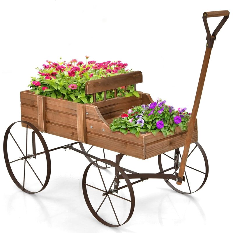 foto del prodotto carrettino di legno fioriera, fioriera decorativa con ruote e 2 sezioni per piante, porta piante da esterno per giardino cortile marrone 