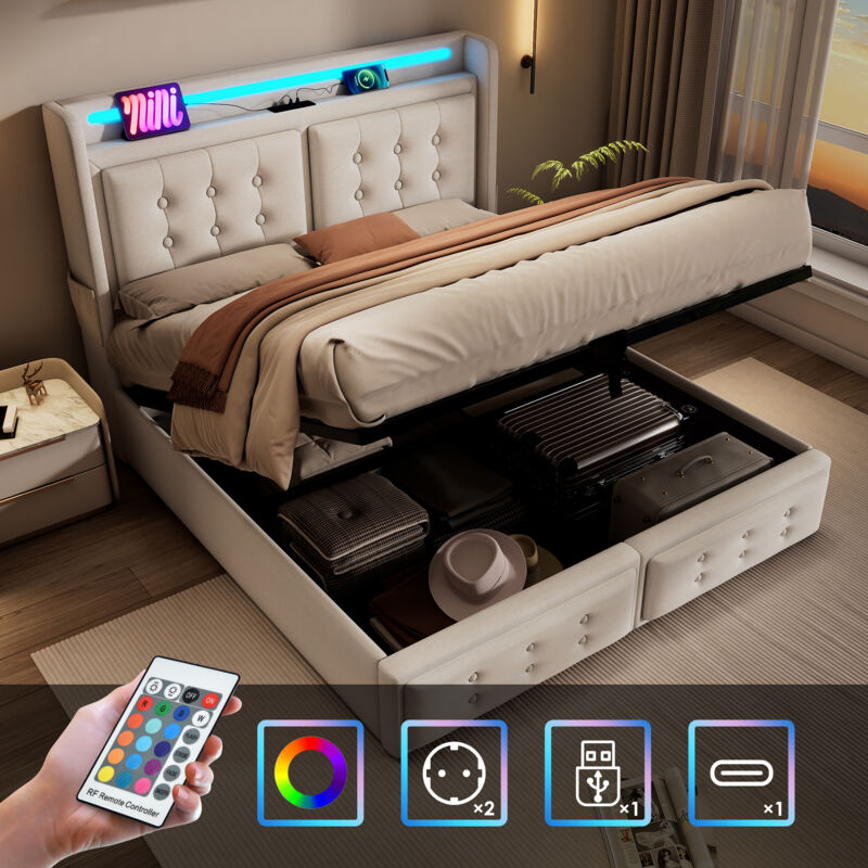 foto del prodotto letti contenitori, letto per adulti, led, usb c, letto matrimoniale 140x200cm, beige, portata 300 kg, senza materasso