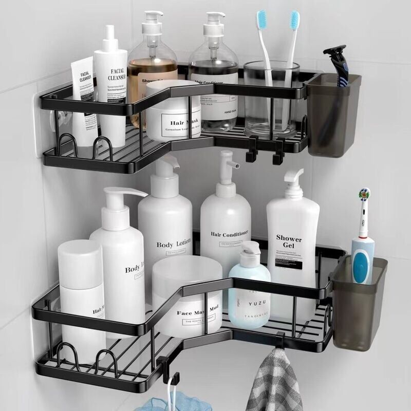 foto del prodotto lot de 2 etag re douche etagere salle de bain angle etagere sans percage acier inoxy avec1porte dentifrice 8 crochets et 6 adh sifs rangement douche