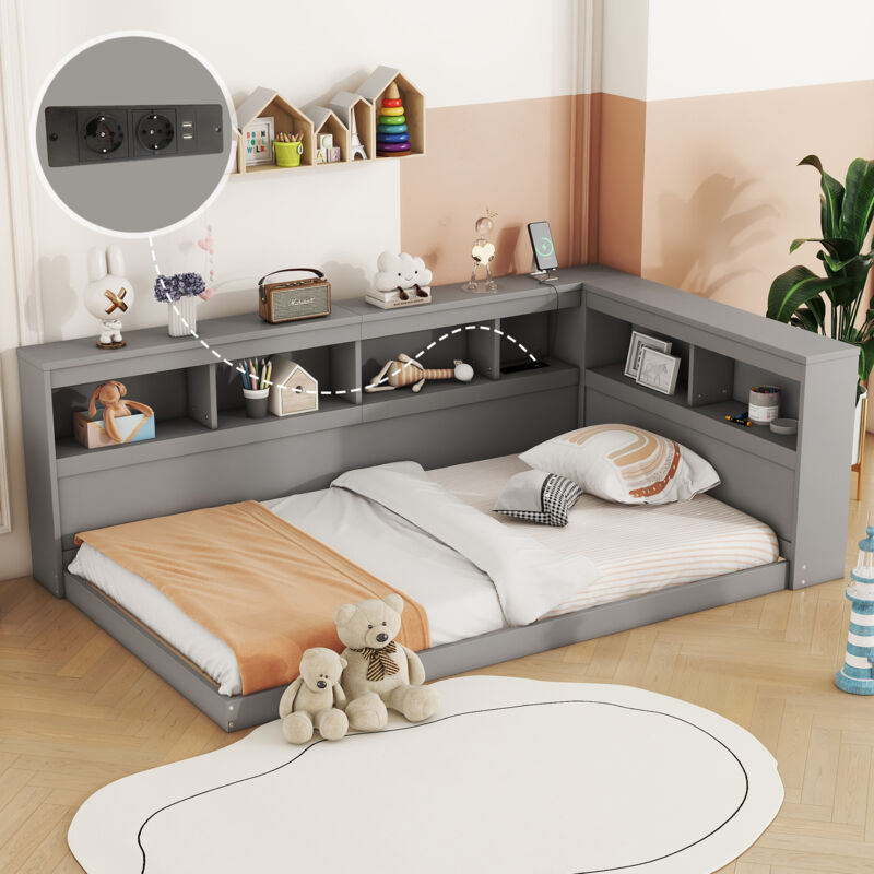 foto del prodotto divano letti singolo 90 x 200 cm, letti per bambini con presa, usb, letto per adulti, contenitore, truciolare, senza materasso, grigio