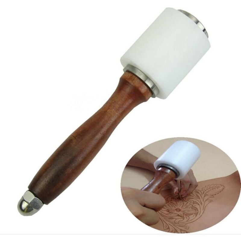 foto del prodotto alovez martello in legno per cuoio, martello per lavorazione della pelle, testa in nylon, strumento artigianale, martello per intaglio, cucito,