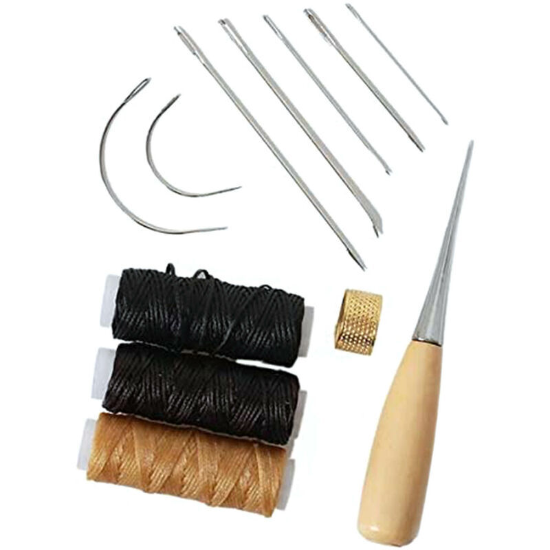 foto del prodotto kit di utensili per lavori artigianali in pelle 12 pezzi aghi, filo, cera, punteruolo riparazione della pelle e fai da te