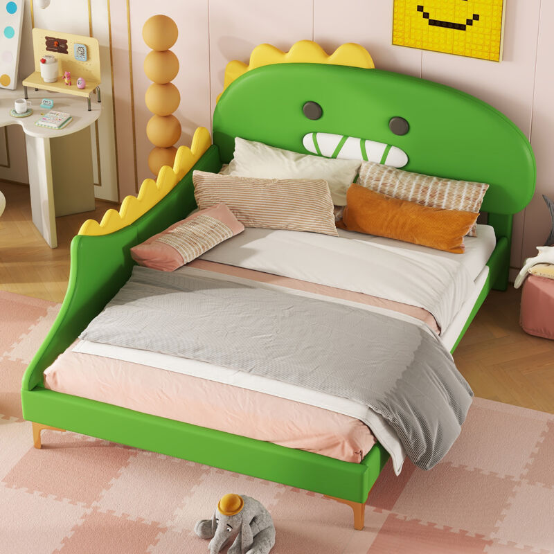 foto del prodotto letti singoli per bambini 140 x 200 cm, letto matrimoniale dinosauro cartone animato, pu, senza materasso, verde