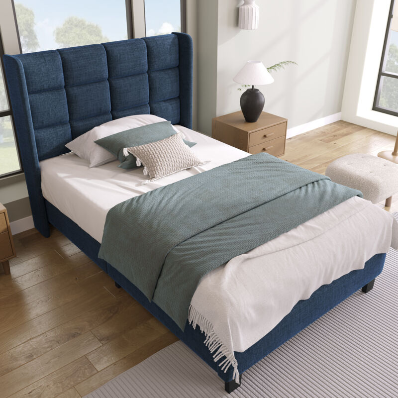 foto del prodotto letti singoli per adulti 90x200cm, rete a doghe, lino, senza materasso, blu navy