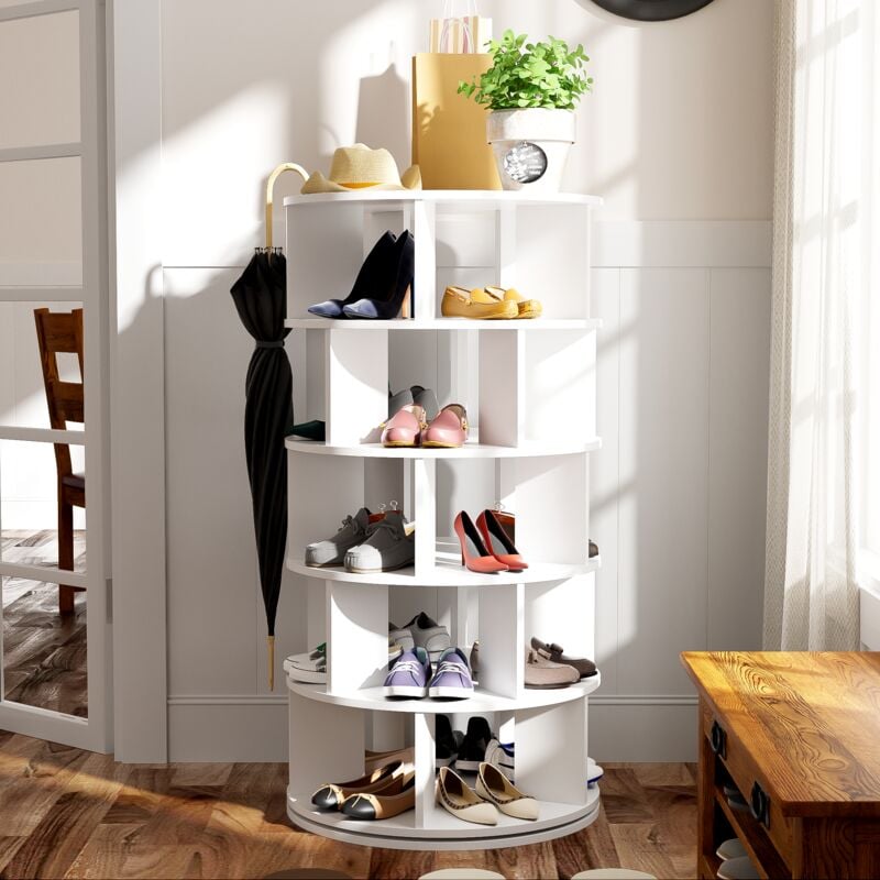 foto del prodotto scarpiera 60x60x115cm, mobili per scarpe, girevole, cilindrica, 5 strati, truciolato, bianco modfu